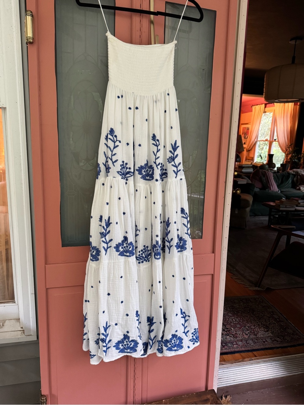 Altar'd State White Maxi Dress with Blue Floral Embroidery